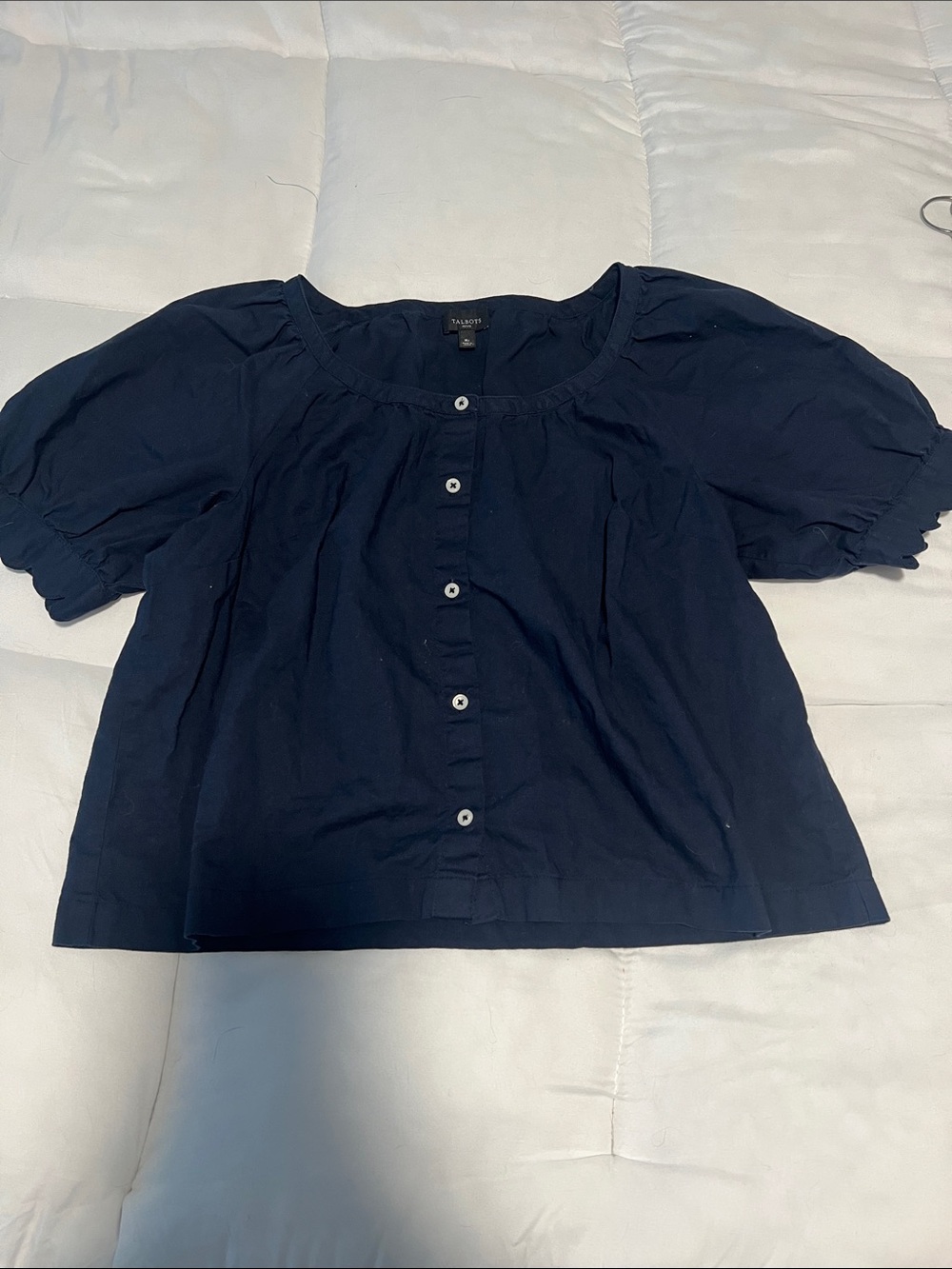 Talbots Navy Puff Sleeve Button Front Blouse Petite M